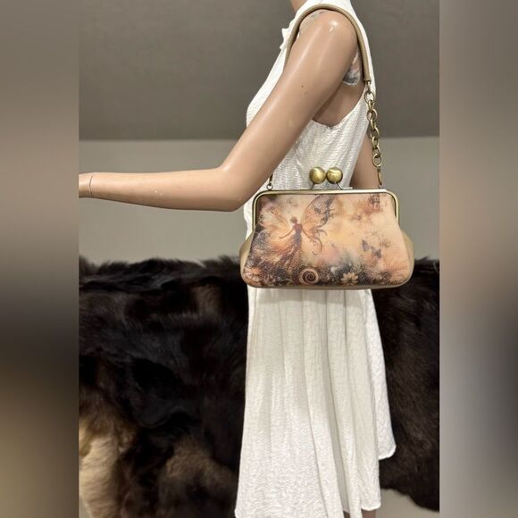 Unique Fairy Print Pebble Cowhide Handmade Large Ball Kisslock Handbag/Multi Use - Picture 2 of 16